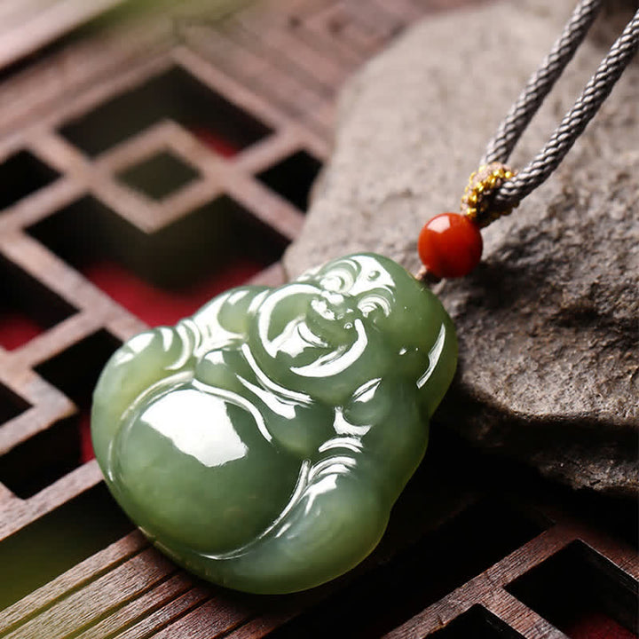 Buddha Stones Laughing Buddha Hetian Jade Abundance Necklace String Pendant - image 3