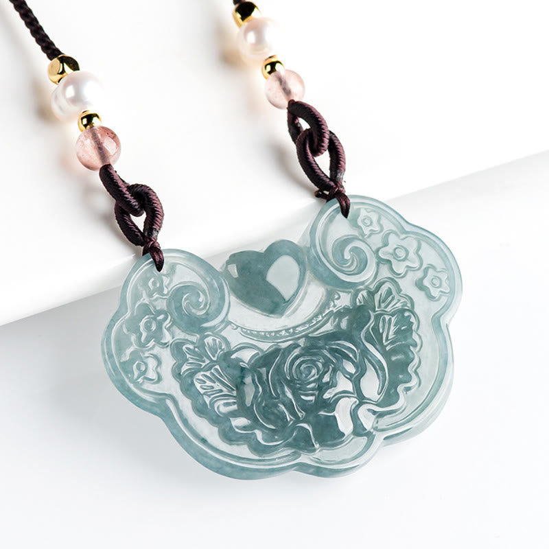 Buddha Stones Natural Jade Peony Flower Lock of Good Wishes Prosperity Necklace Pendant - image 1