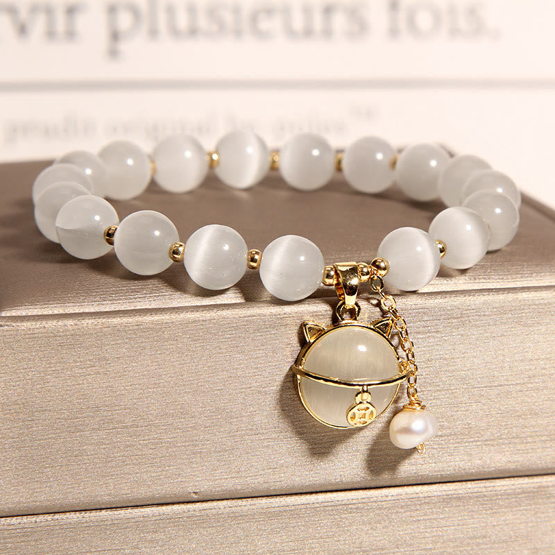 Buddha Stones Cat's Eye Lovely Cat Pattern Pearl Love Charm Bracelet - image 2