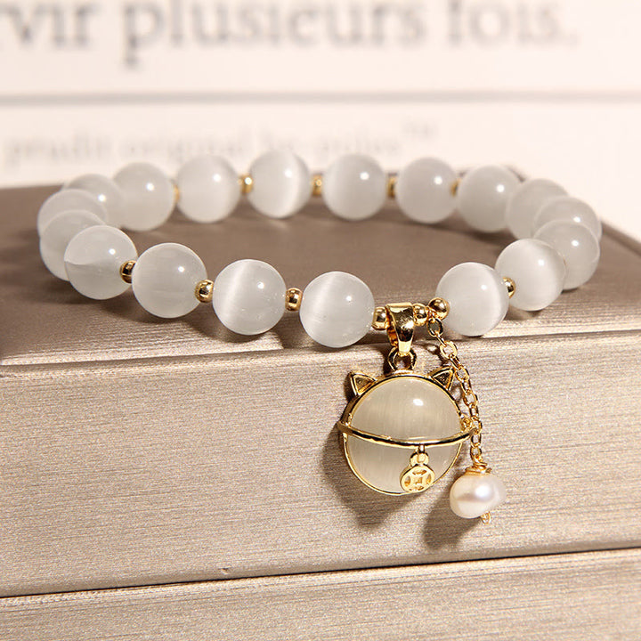 Buddha Stones Cat's Eye Lovely Cat Pattern Pearl Love Charm Bracelet - image 2