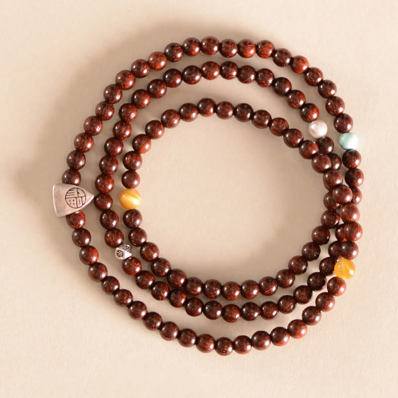 Buddha Stones 925 Sterling Silver Indian Small Leaf Red Sandalwood Fu Character Protection Triple Wrap Bracelet - image 3