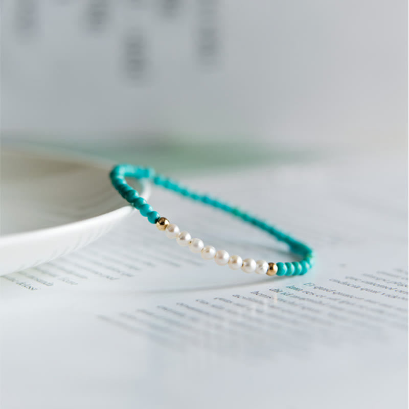 Buddha Stones 925 Sterling Silver Natural Turquoise Pearl Beaded Bracelet - image 7