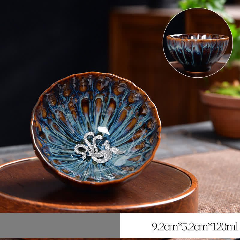 Buddha Stones Lotus Peacock Dragon Phoenix Koi Fish Ceramic Teacup Inlaid Tea Cups 120ml - Silver - Phoenix - image 21