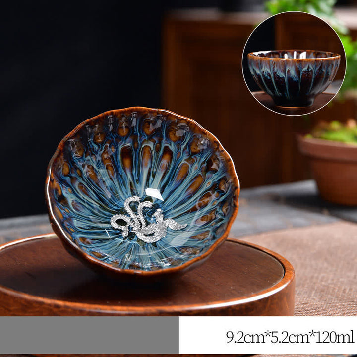 Buddha Stones Lotus Peacock Dragon Phoenix Koi Fish Ceramic Teacup Inlaid Tea Cups 120ml - Silver - Phoenix - image 21