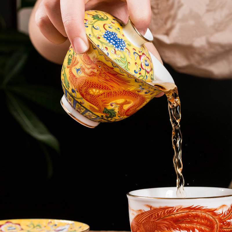 Buddha Stones Dragon Phoenix Flower Design Ceramic Gaiwan Sancai Teacup Kung Fu Tea Cup And Saucer With Lid - image 10