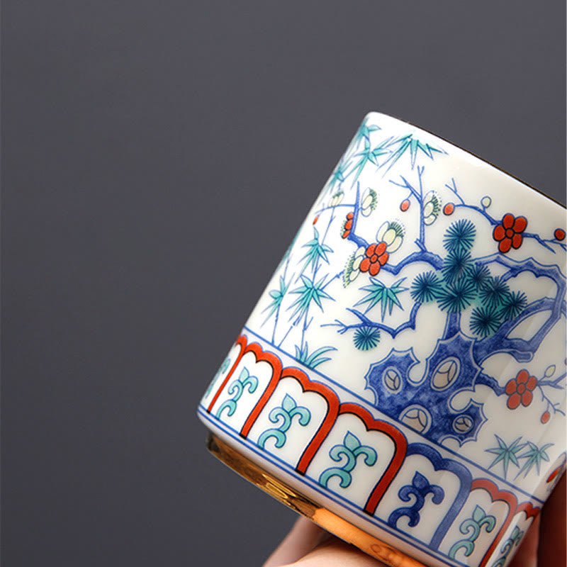 Buddha Stones Vintage Plum Blossom Pine Bamboo Phoenix Kirin Lion Dancing Ceramic Teacup Tea Cups - image 3