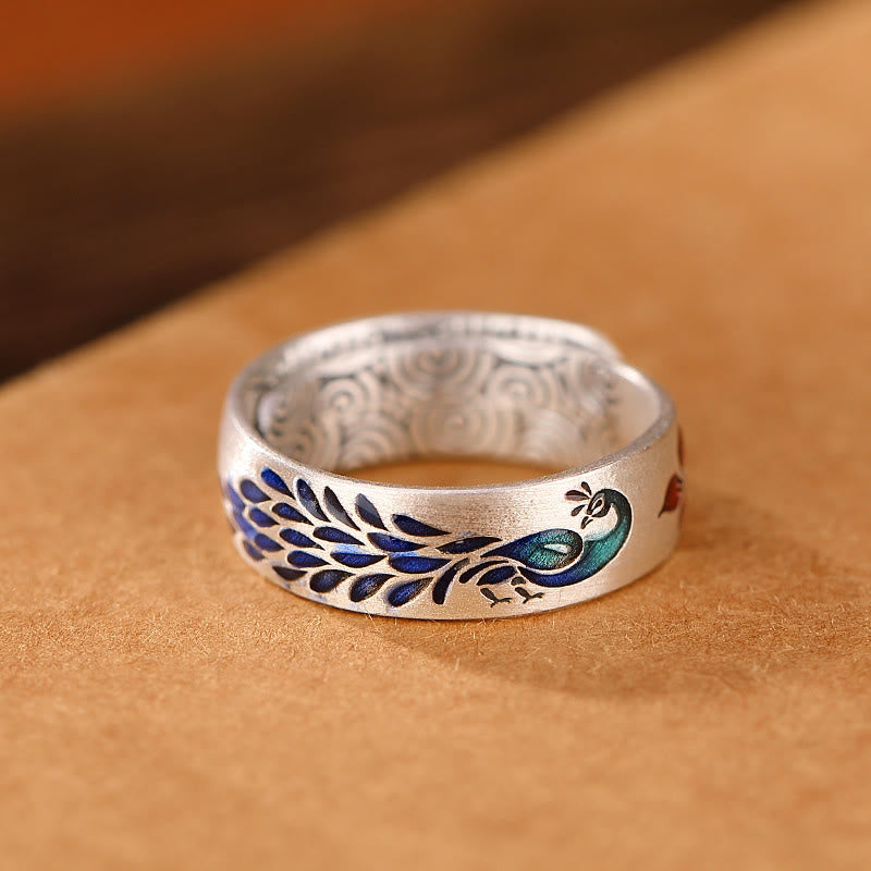 Buddha Stones 999 Sterling Silver Peacock Auspicious Clouds Engraved Lotus Flower Fortune Ring - image 1