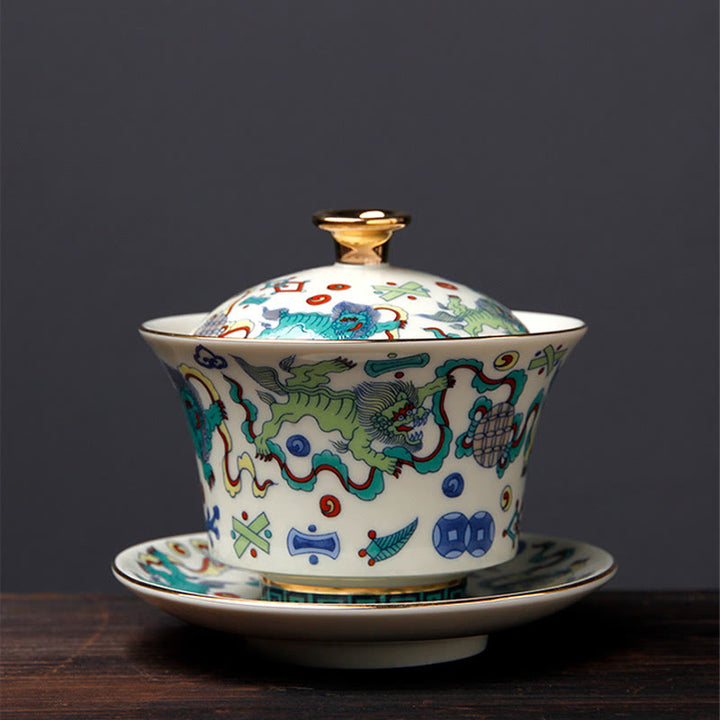 Buddha Stones Retro Plum Blossom Pine Bamboo Phoenix Kirin Ceramic Gaiwan Sancai Teacup Kung Fu Tea Cup and Saucer with Lid - image 13