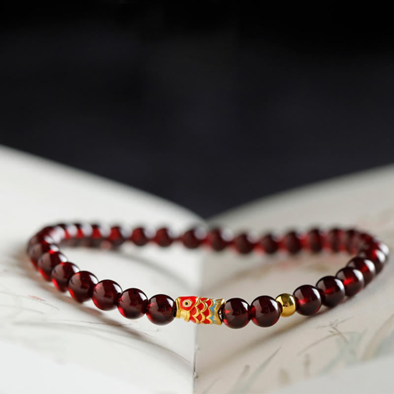 Buddha Stones 999 Gold Koi Fish Natural Garnet Protection Bracelet - image 1