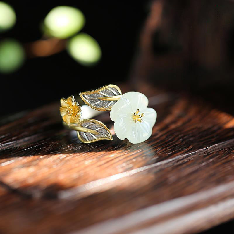 Buddha Stones 925 Silver Plated Copper White Jade Plum Flower Leaf Luck Ring - image 7