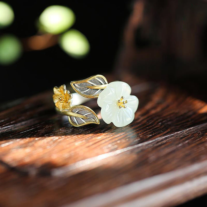 Buddha Stones 925 Silver Plated Copper White Jade Plum Flower Leaf Luck Ring - image 7