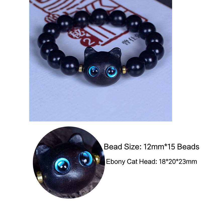 Buddha Stones Ebony Wood Liuli Glass Lovely Cat Peace Balance Bracelet - image 14
