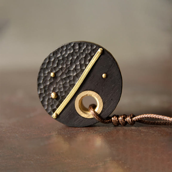 Buddha Stones Handcrafted Round Ebony Wood Copper Peace Necklace Pendant - image 5