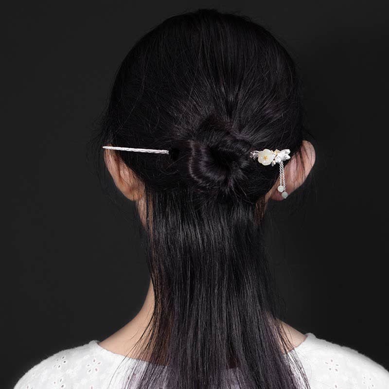 925 Sterling Silver Hetian White Jade Flower Blessing Hairpin - image 3