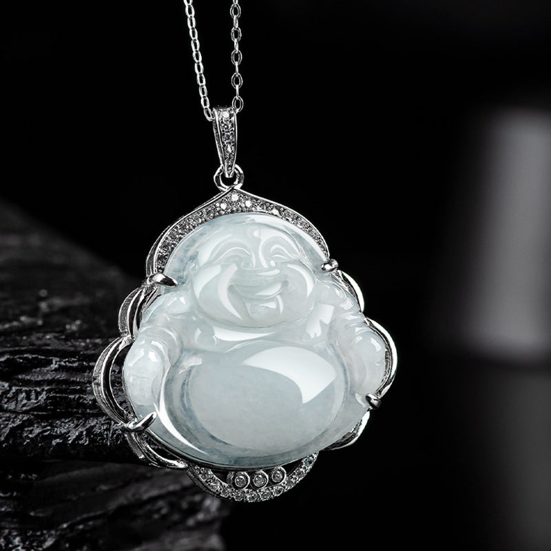 Buddha Stones 925 Sterling Silver Laughing Buddha Natural Jade Abundance Necklace Pendant - image 1