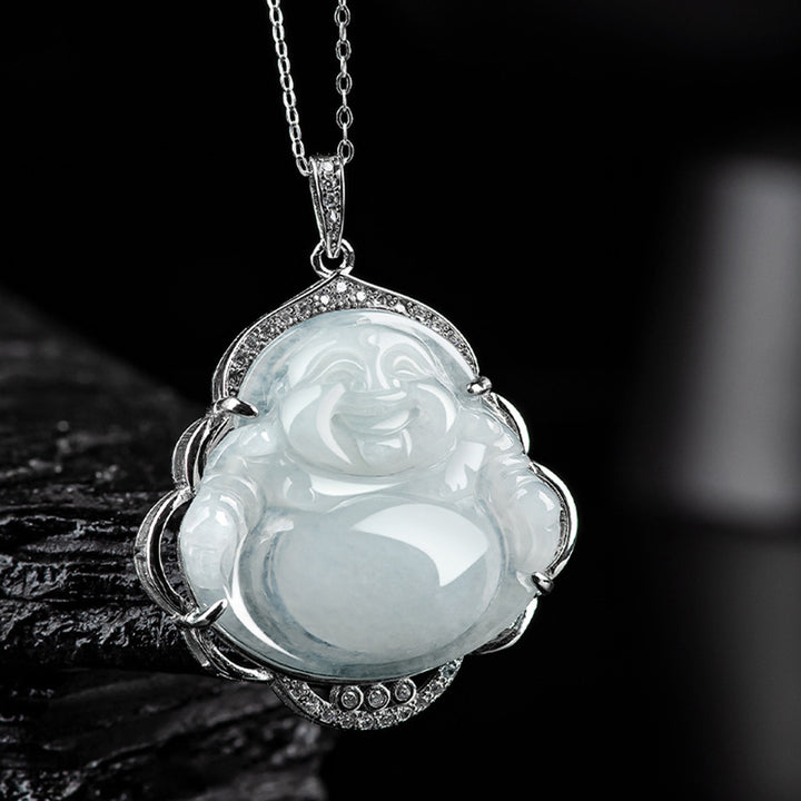 Buddha Stones 925 Sterling Silver Laughing Buddha Natural Jade Abundance Necklace Pendant - image 1