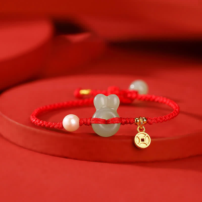 925 Sterling Silver Year of the Rabbit Hetian Jade Copper Coin Wealth Red String Bracelet - Hetian Jade(Prosperity♥Abundance)(Bracelet Size 14cm) - image 0
