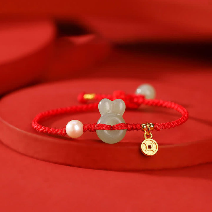 925 Sterling Silver Year of the Rabbit Hetian Jade Copper Coin Wealth Red String Bracelet - Hetian Jade(Prosperity♥Abundance)(Bracelet Size 14cm) - image 0