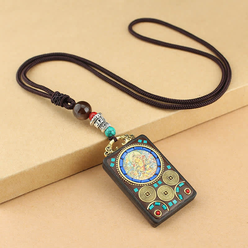 Buddha Stones Tibet God of Wealth Thangka Ebony Peace Necklace Pendant - Yellow God of Wealth Thangka - image 4
