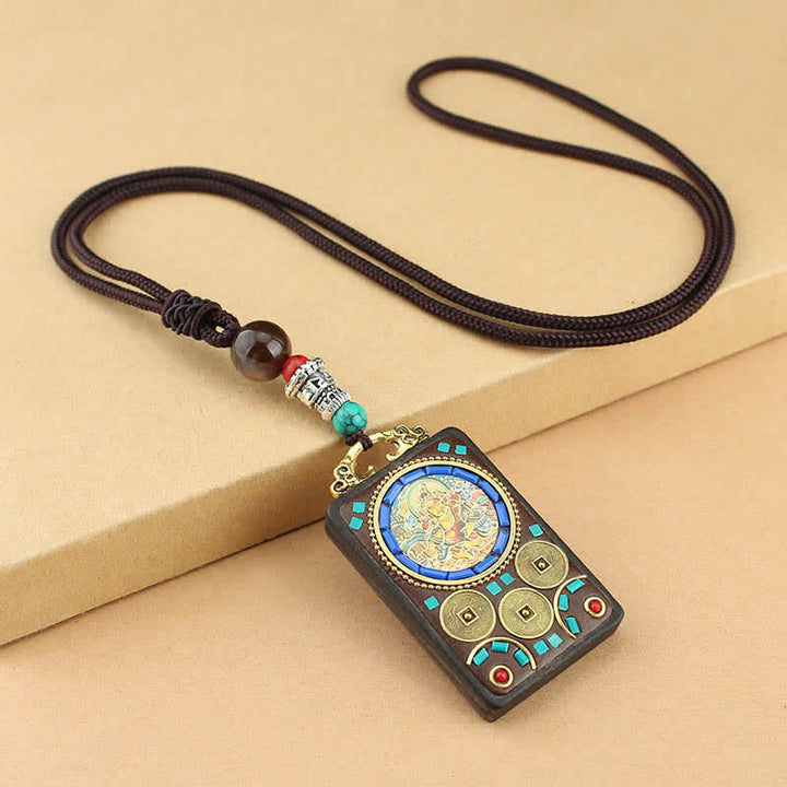Buddha Stones Tibet God of Wealth Thangka Ebony Peace Necklace Pendant - Yellow God of Wealth Thangka - image 4