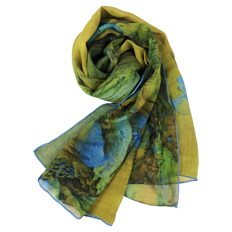 Buddha Stones A Panorama of Rivers and Mountains 100% Mulberry Silk Scarf Premium Grade 6A Silk Shawl - image 1