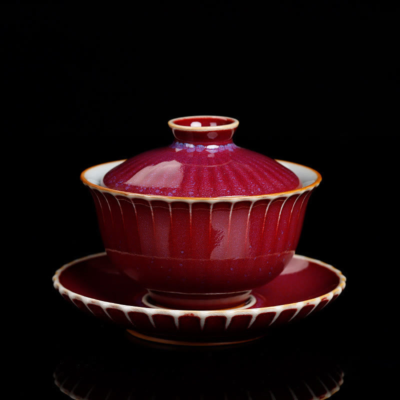 Buddha Stones Retro Glaze Kiln Change Ceramic Gaiwan Sancai Teacup Kung Fu Tea Cup And Saucer With Lid - Red - 11.5cm*8.5cm*140ml - image 5