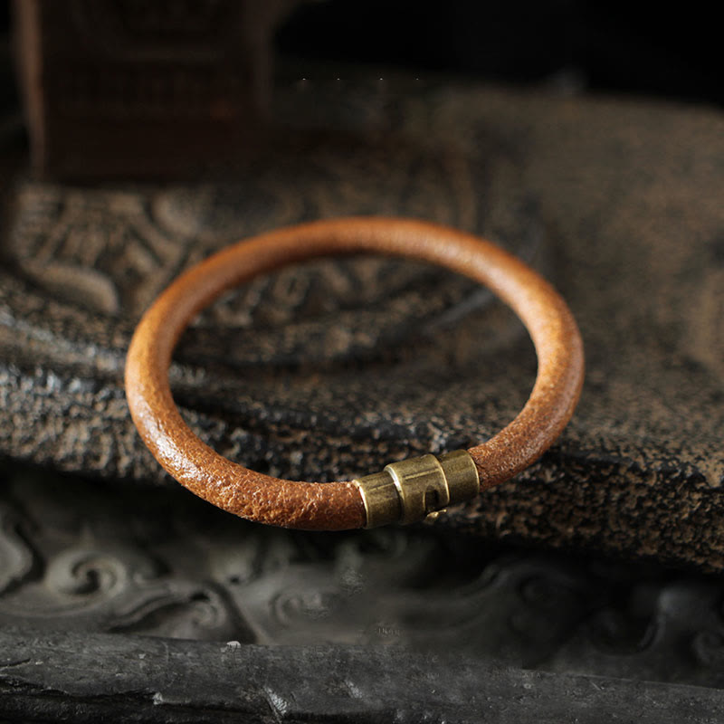 Buddha Stones Retro Leather Luck Healing Copper Magnetic Buckle Bracelet - Brown - 20-21cm - image 0