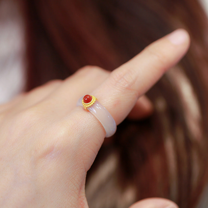 Buddha Stones White Agate Cyan Jade Turquoise Red Agate Luck Protection Ring - image 15