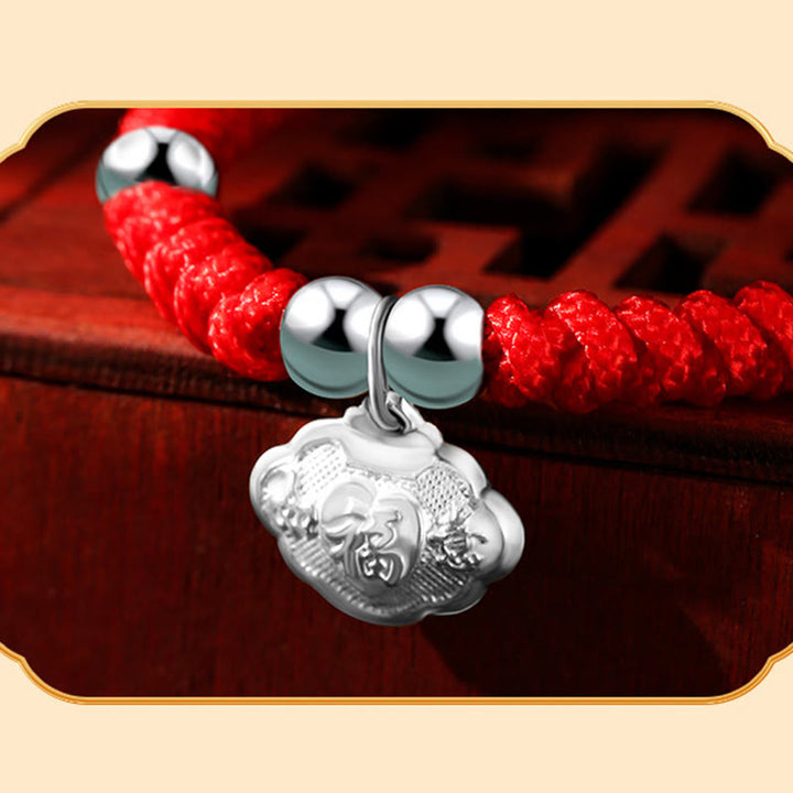 Buddha Stones 925 Sterling Silver Handmade Fu Character Lucky Money Bag Chinese Lock Charm Bell Lotus Copper Coin King Kong Knot Braided Kids Bracelet - image 9