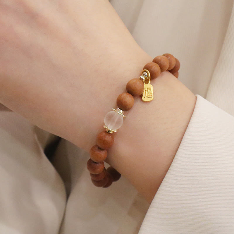 Buddha Stones Sandalwood Cat's Eye Fu Character Charm Protection Bracelet - image 5