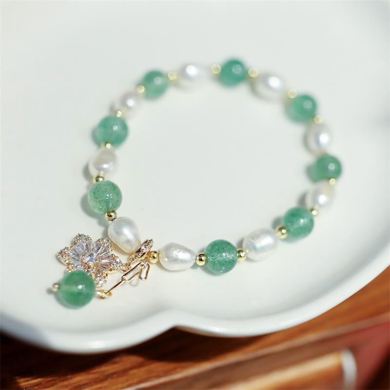 Buddha Stones Natural Green Strawberry Quartz Pearl Flower Charm Love Bracelet - Green Strawberry Quartz(Soothing♥Calm) - image 0