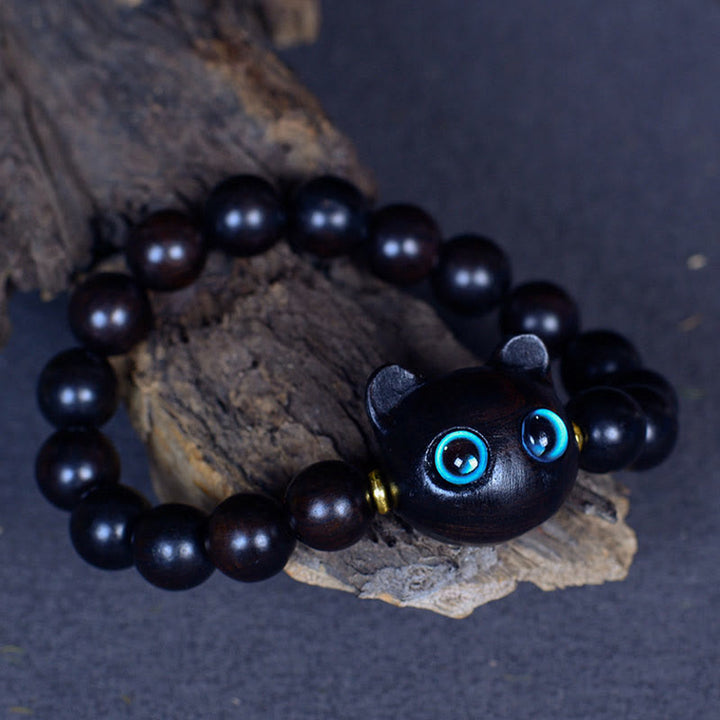 Buddha Stones Ebony Wood Liuli Glass Lovely Cat Peace Balance Bracelet - image 10