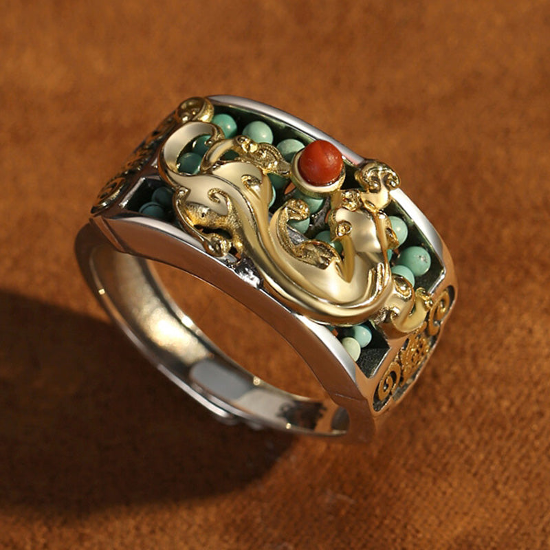 Buddha Stones 925 Sterling Silver Turquoise Red Agate PiXiu Abacus Protection Ring - image 6