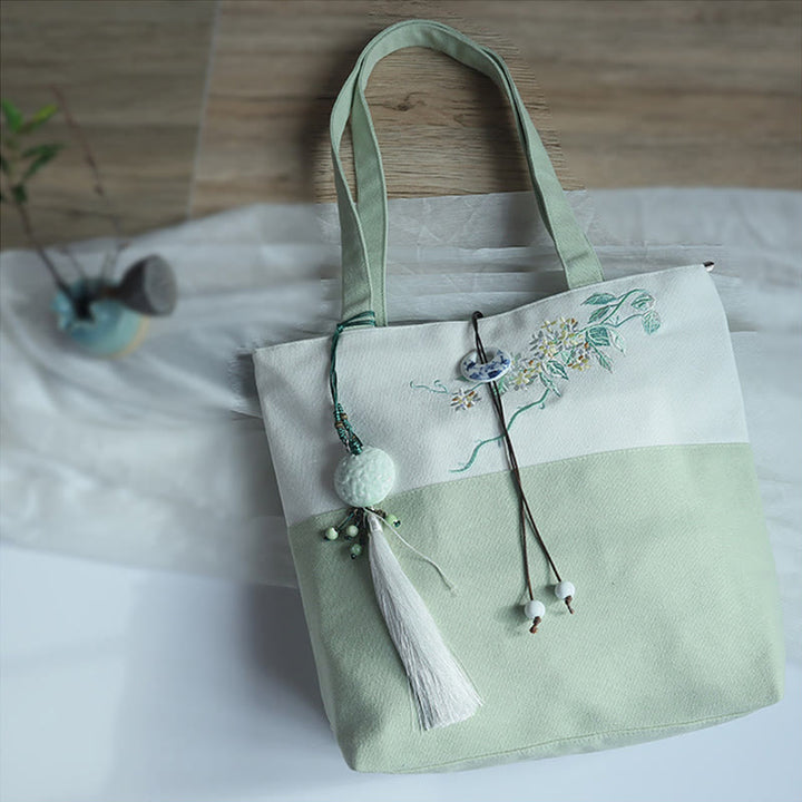 Buddha Stones Pear Flower Plum Peach Blossom Bamboo Embroidery Canvas Large Capacity Shoulder Bag Tote Bag - Green White Flower - image 34