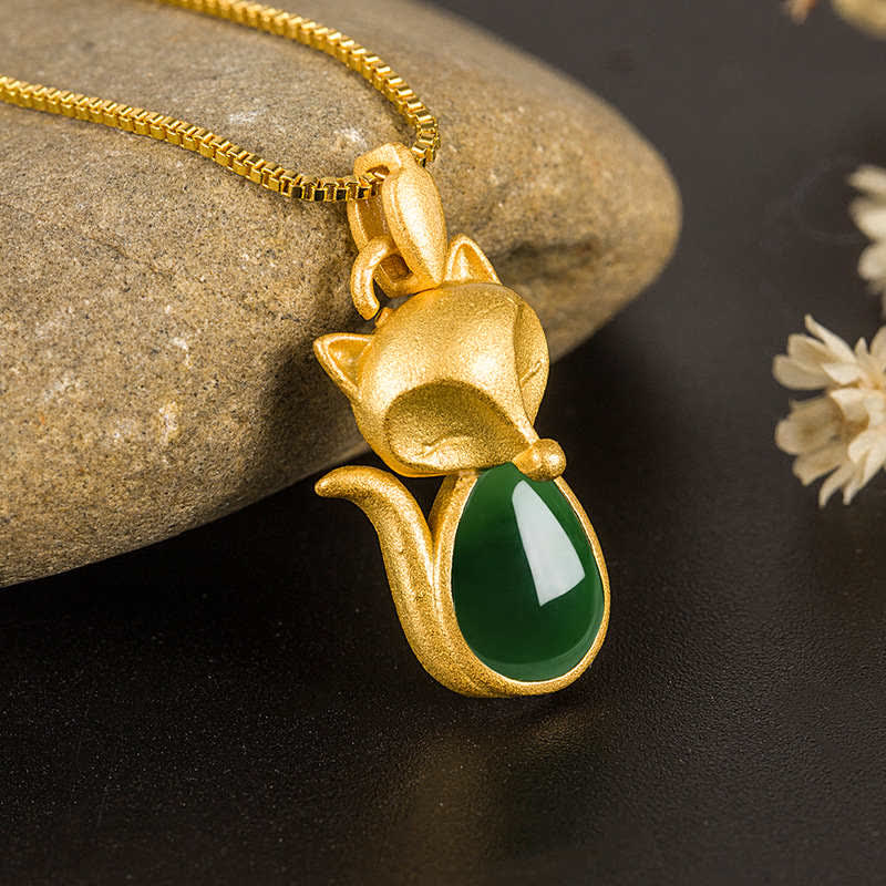 Buddha Stones Green Chalcedony Fox Pattern Courage Necklace Pendant - image 0
