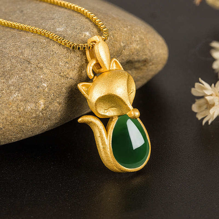 Buddha Stones Green Chalcedony Fox Pattern Courage Necklace Pendant - image 0