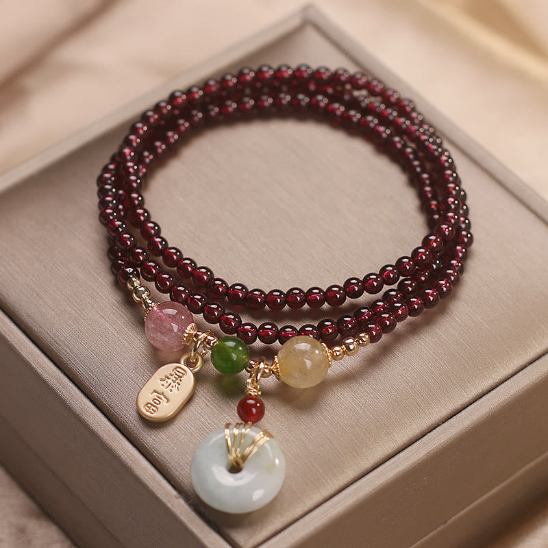 Buddha Stones Natural Garnet Strawberry Quartz Crystal Fox Koi Fish Peace Buckle Fortune Protection Triple Wrap Bracelet - image 12