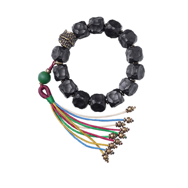 Buddha Stones Tibet Ebony Wood Copper Peace Tassel Wrist Mala Bracelet - image 13