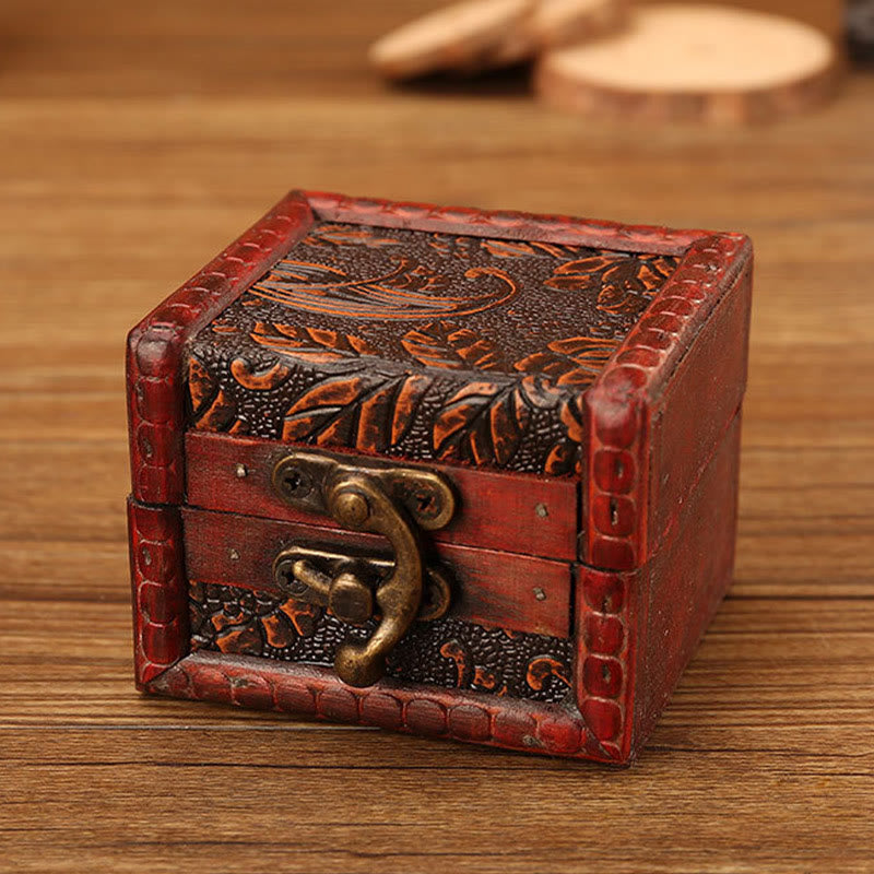 Buddha Stones Retro Small Square Wood Jewelry Box Lotus Grass Flower Grape Copper Coin Daffodil Jewelry Storage Box - Grape Leaf 8*6.5*6cm - image 21