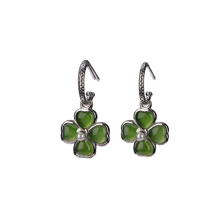Buddha Stones 925 Sterling Silver Natural Cyan Jade Four Leaf Clover Luck Success Earrings - image 7