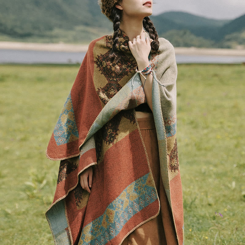 Buddha Stones Tibetan Shawl Diamond Pattern Winter Warm Cloak Scarf - Orange - image 0