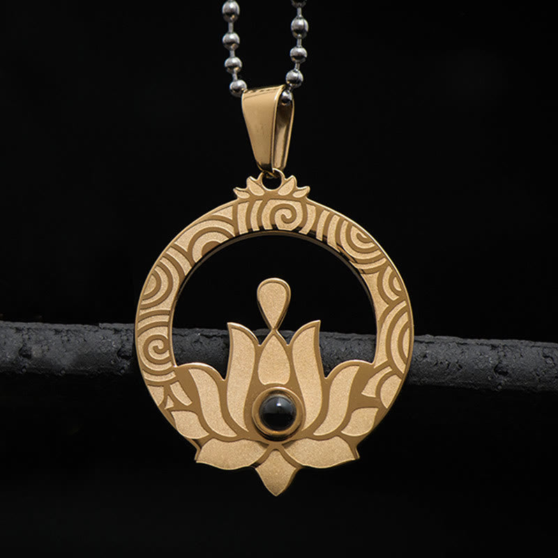 Buddha Stones Lotus Titanium Steel Enlightenment Projection Shurangama Mantra Necklace Pendant - Lotus-Middle Projection - image 0