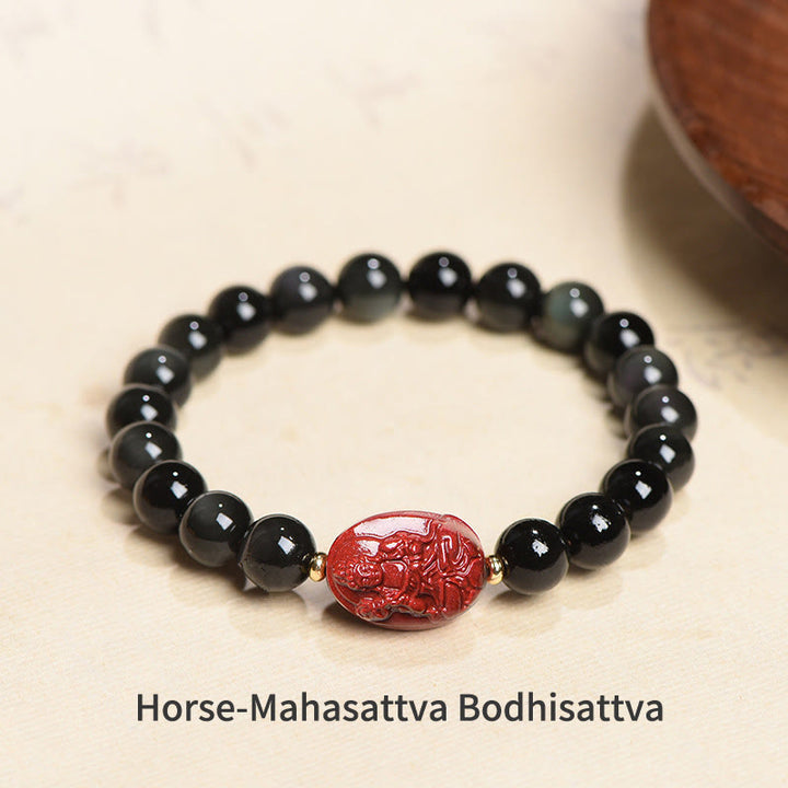 Buddha Stones Chinese Zodiac Natal Buddha Natural Black Obsidian Cinnabar Purification Bracelet - 8mm - Horse-Mahasattva Bodhisattva(Wrist Circumference 14-17cm) - image 5