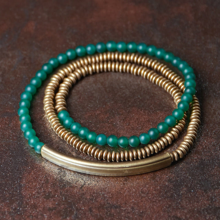 Buddha Stones Tibetan Various Agate Stone Copper Protection Triple Wrap Bracelet - 18cm - Green Agate - image 10
