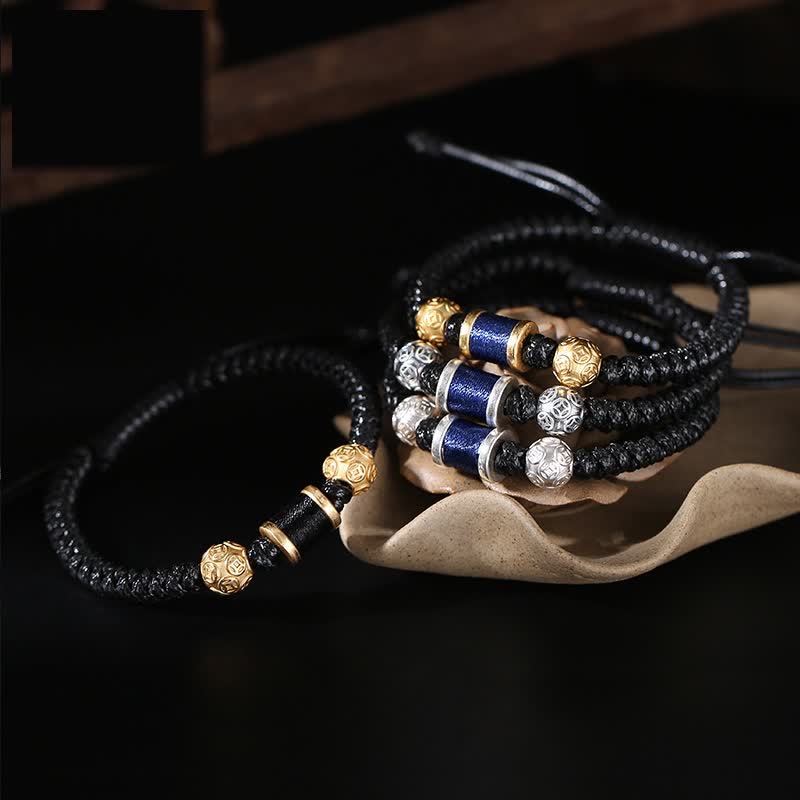 Buddha Stones 999 Sterling Silver Copper Coin Bead Copper Balance Braided String Bracelet - image 2