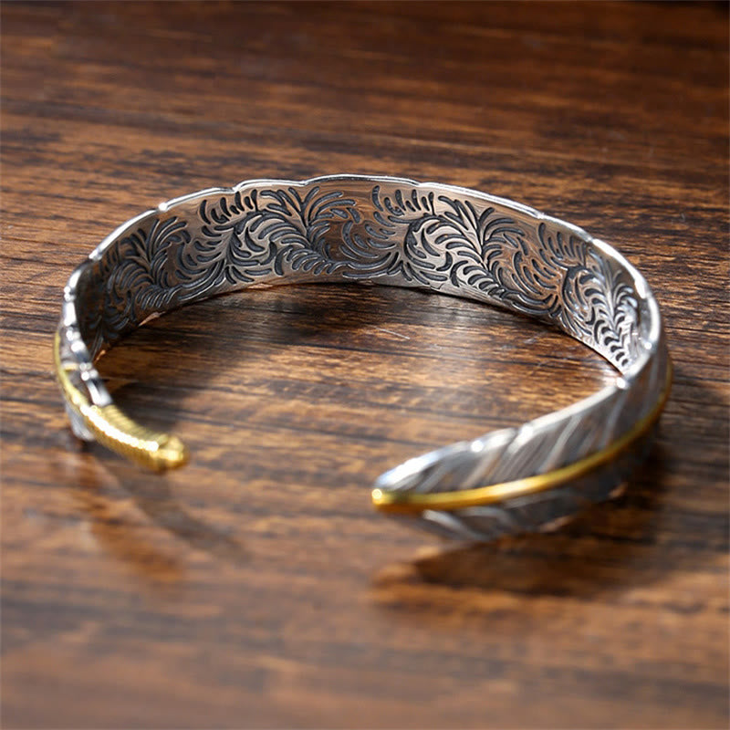Buddha Stones Feather Pattern Carved Luck Wealth Cuff Bracelet Bangle - image 3