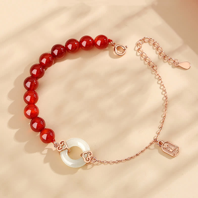 Buddha Stones 925 Sterling Silver Natural Red Agate White Jade Peace Buckle Confidence Bracelet - image 4