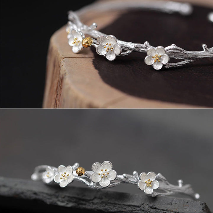 Buddha Stones 925 Sterling Silver Plum Flower Blessing Bracelet Adjustable Bangle - image 14