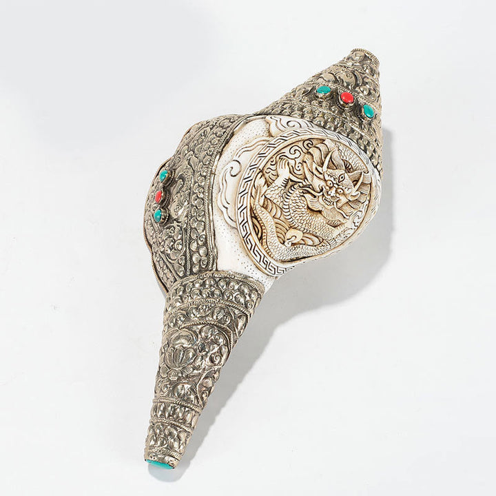 Tibetan Natural Shankha Conch Shell Seashell Wealth Lucky Home Decoration - Carved Dragon 26.5*14cm - image 18