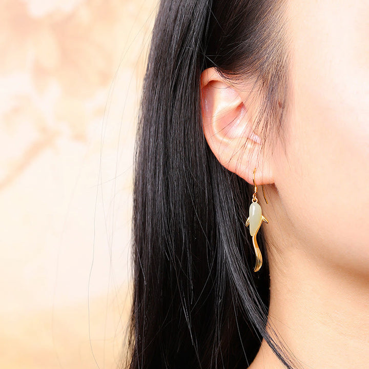 Fish Pattern Jade Luck Dangle Drop Earrings - image 3